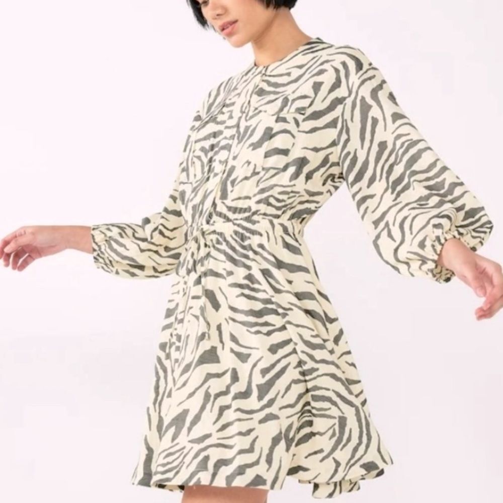 Nine West Cream Neutral Zebra Animal Print Long Sleeve Utility Fit & Flare Dress